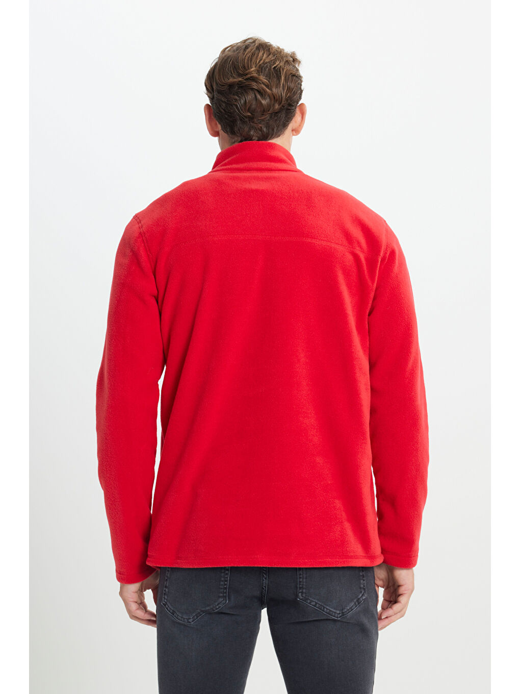 Erkek Kırmızı Anti-Pilling Tüylenme Yapmayan Standart Fit Dik Yaka Polar Sweatshirt-7