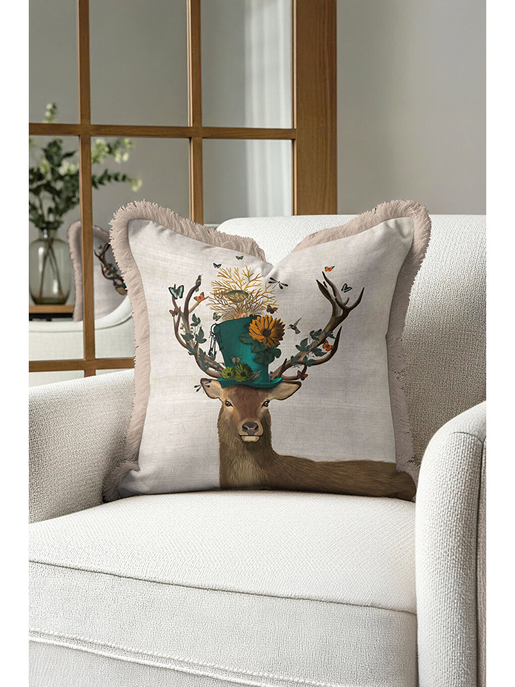 Karışık Doğal Zarif Doğa Temalı Saçaklı Yastık Kılıfı - Bohem Bej Yeşil Altın Renkli Püsküllü Kırlent Kılıfı-2