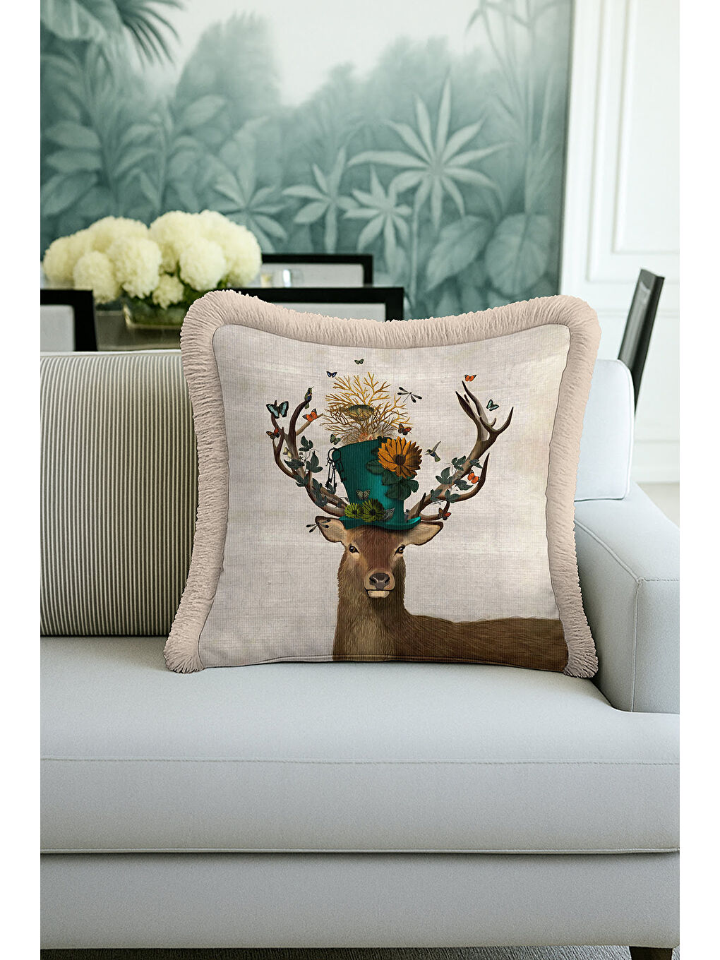 Karışık Doğal Zarif Doğa Temalı Saçaklı Yastık Kılıfı - Bohem Bej Yeşil Altın Renkli Püsküllü Kırlent Kılıfı-4