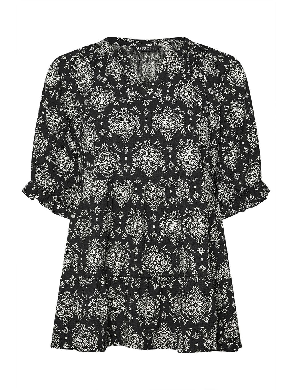 Siyah Büyük Beden Yarım Kollu Çentik Yaka Desenli Bluz 321991-5