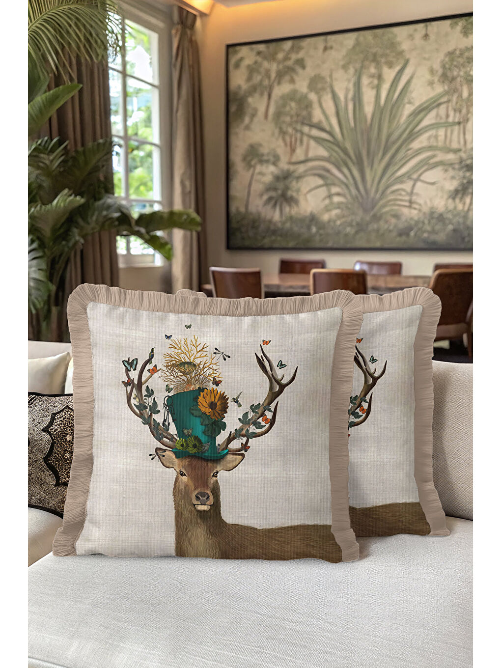 Karışık Doğal Zarif Doğa Temalı Saçaklı Yastık Kılıfı - Bohem Bej Yeşil Altın Renkli Püsküllü Kırlent Kılıfı-5