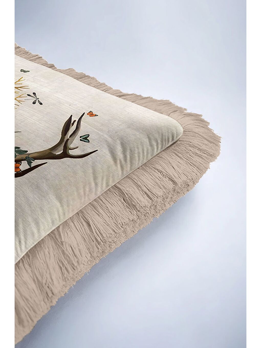 Karışık Doğal Zarif Doğa Temalı Saçaklı Yastık Kılıfı - Bohem Bej Yeşil Altın Renkli Püsküllü Kırlent Kılıfı-6