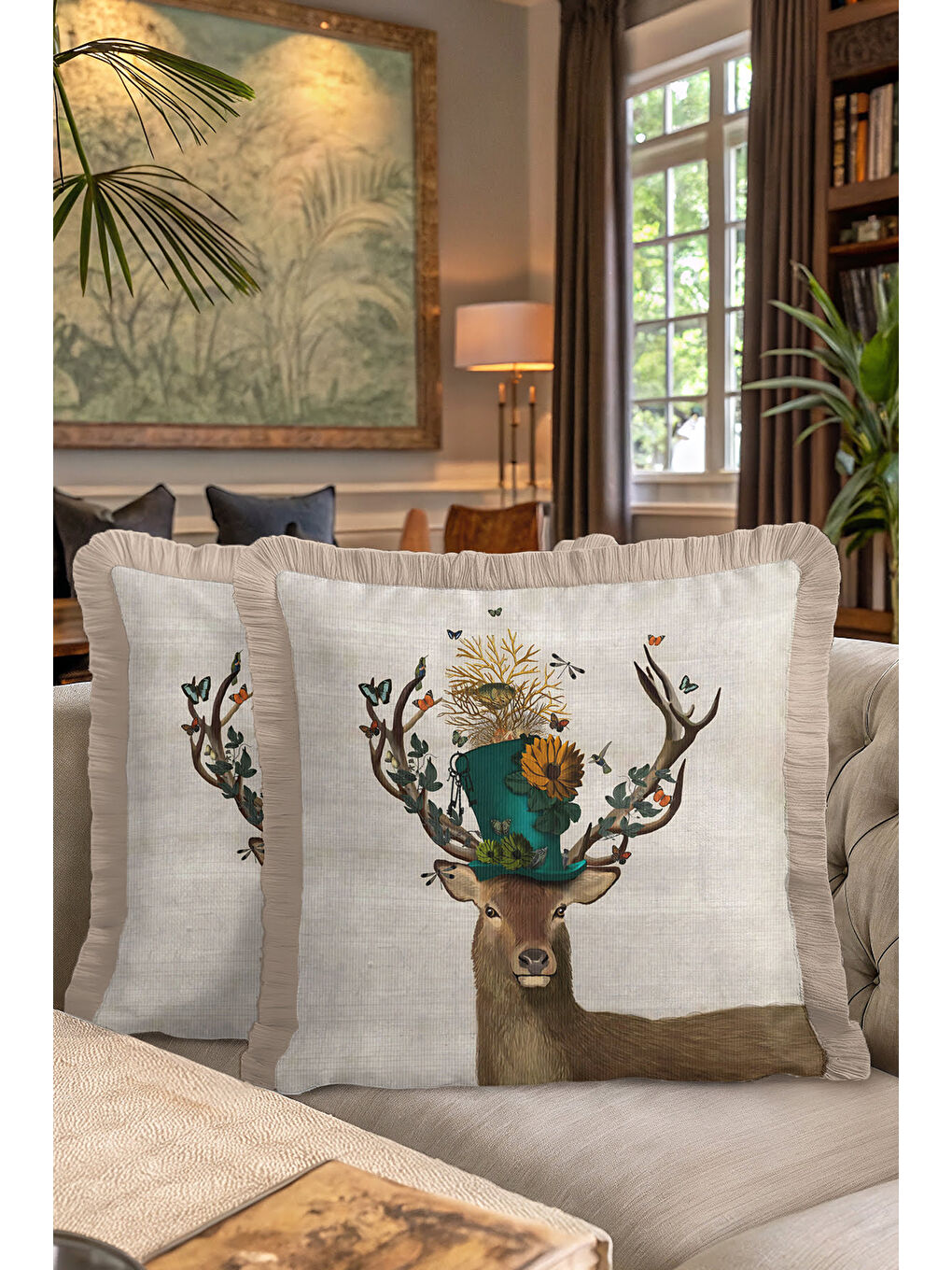 Karışık Doğal Zarif Doğa Temalı Saçaklı Yastık Kılıfı - Bohem Bej Yeşil Altın Renkli Püsküllü Kırlent Kılıfı-7