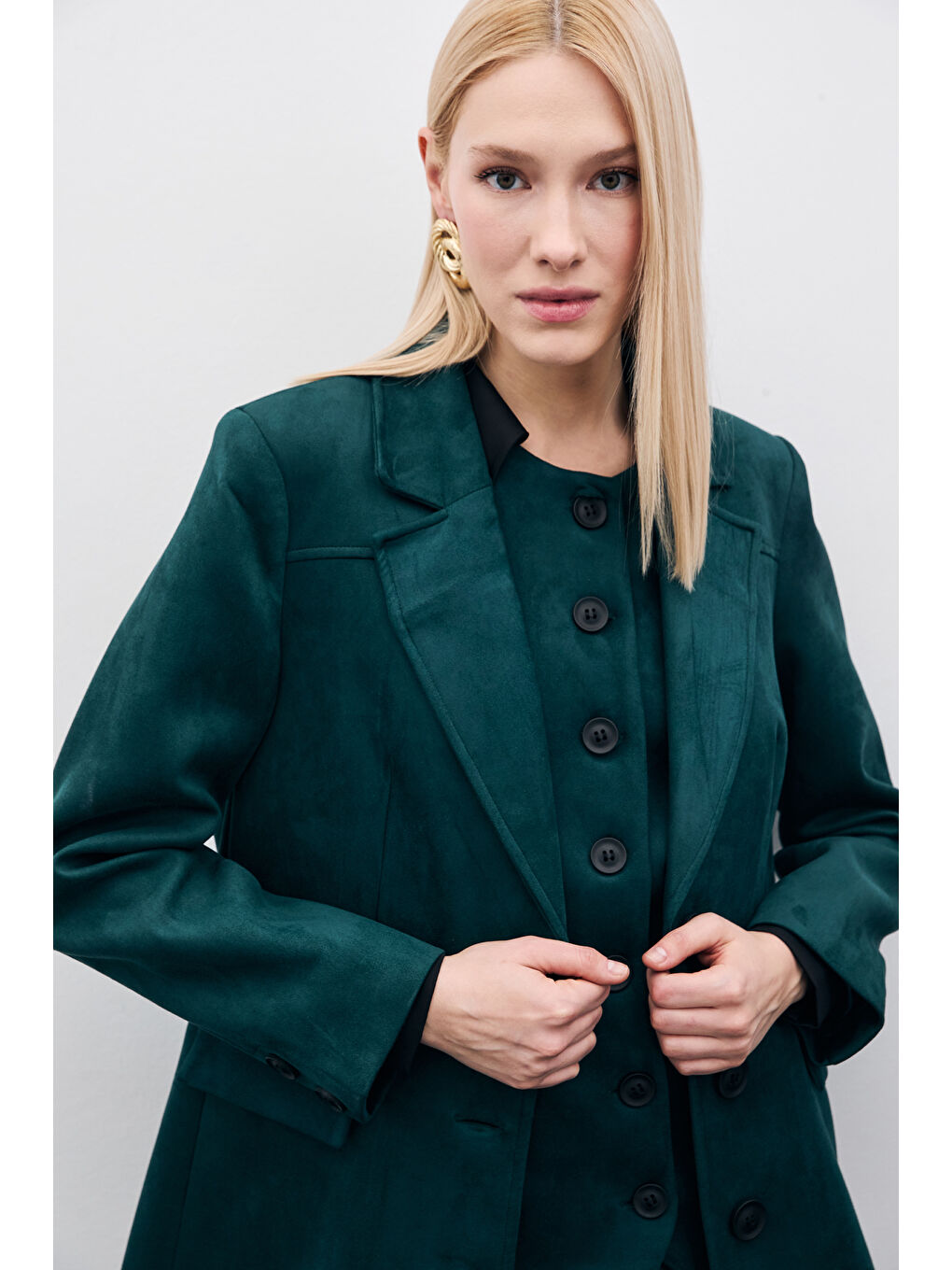 Yeşil Düğmeli Süet Ceket - Zümrüt-1