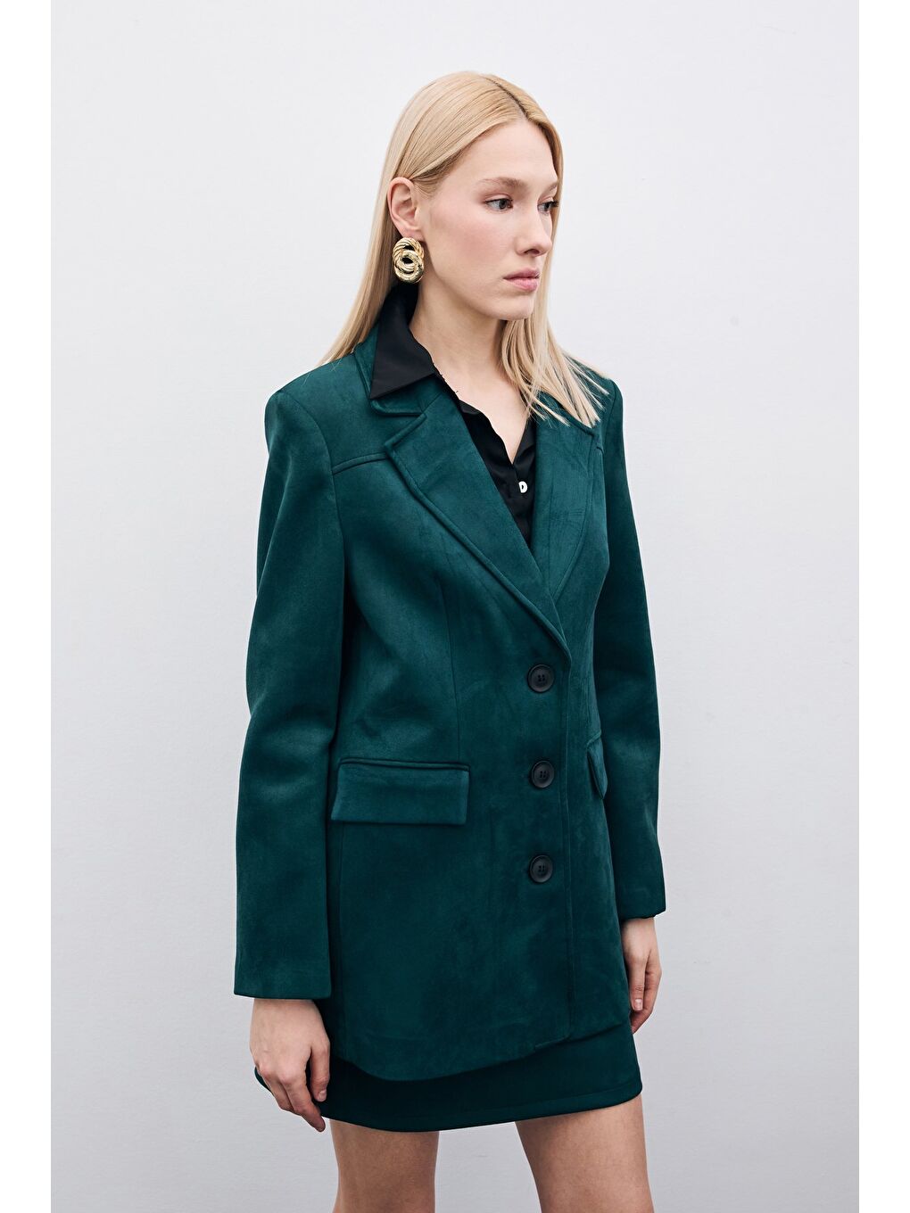 Yeşil Düğmeli Süet Ceket - Zümrüt-5