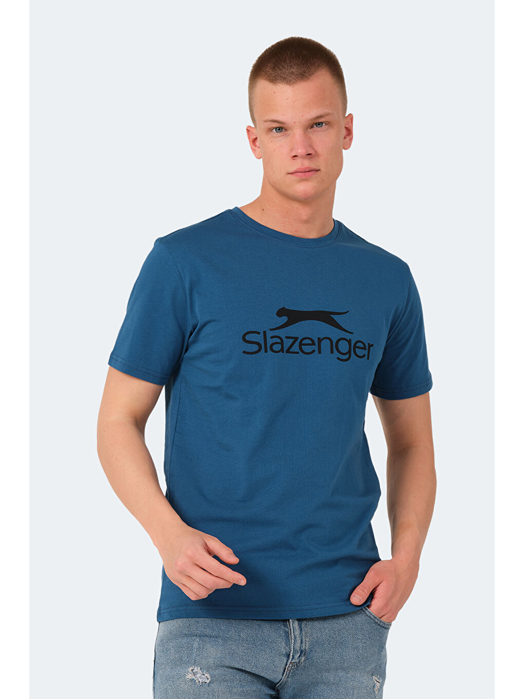 Petrol Bisiklet Yaka Kısa Kollu Baskılı Erkek %100 Pamuk Tişört-3