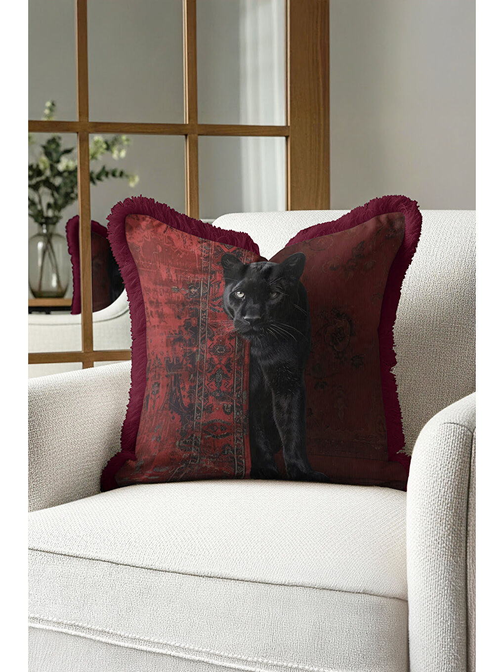 Karışık Lüks Siyah Panter Saçaklı Yastık Kılıfı - Vintage Kırmızı Bohem Püsküllü Kırlent Kılıfı-1