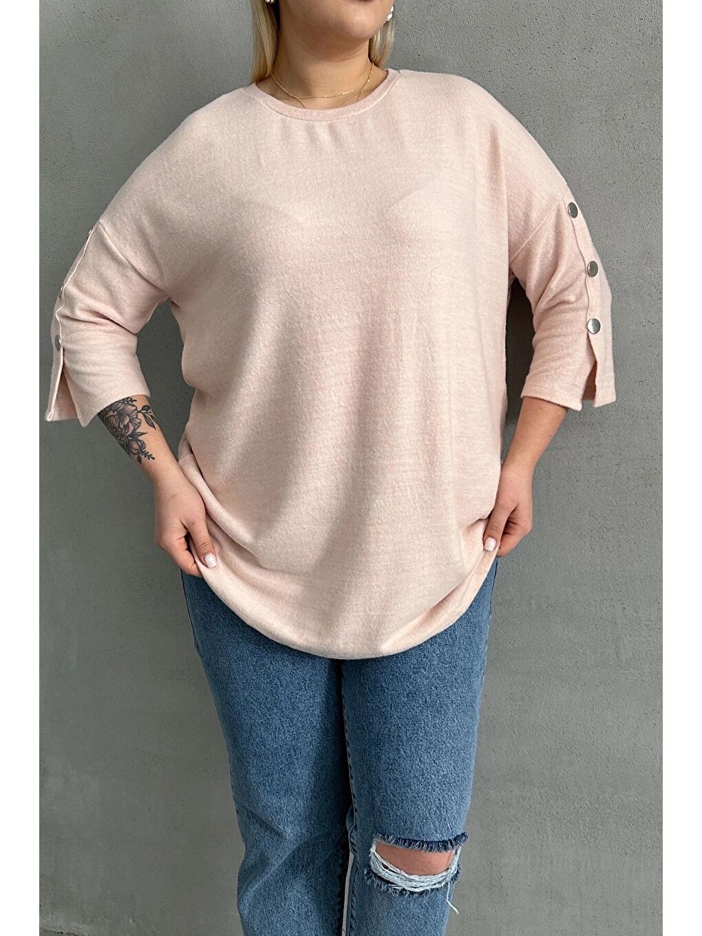 Bej Büyük Beden Yarım Kollu Bisiklet Yaka Düğme Detaylı Kazak 303072-5