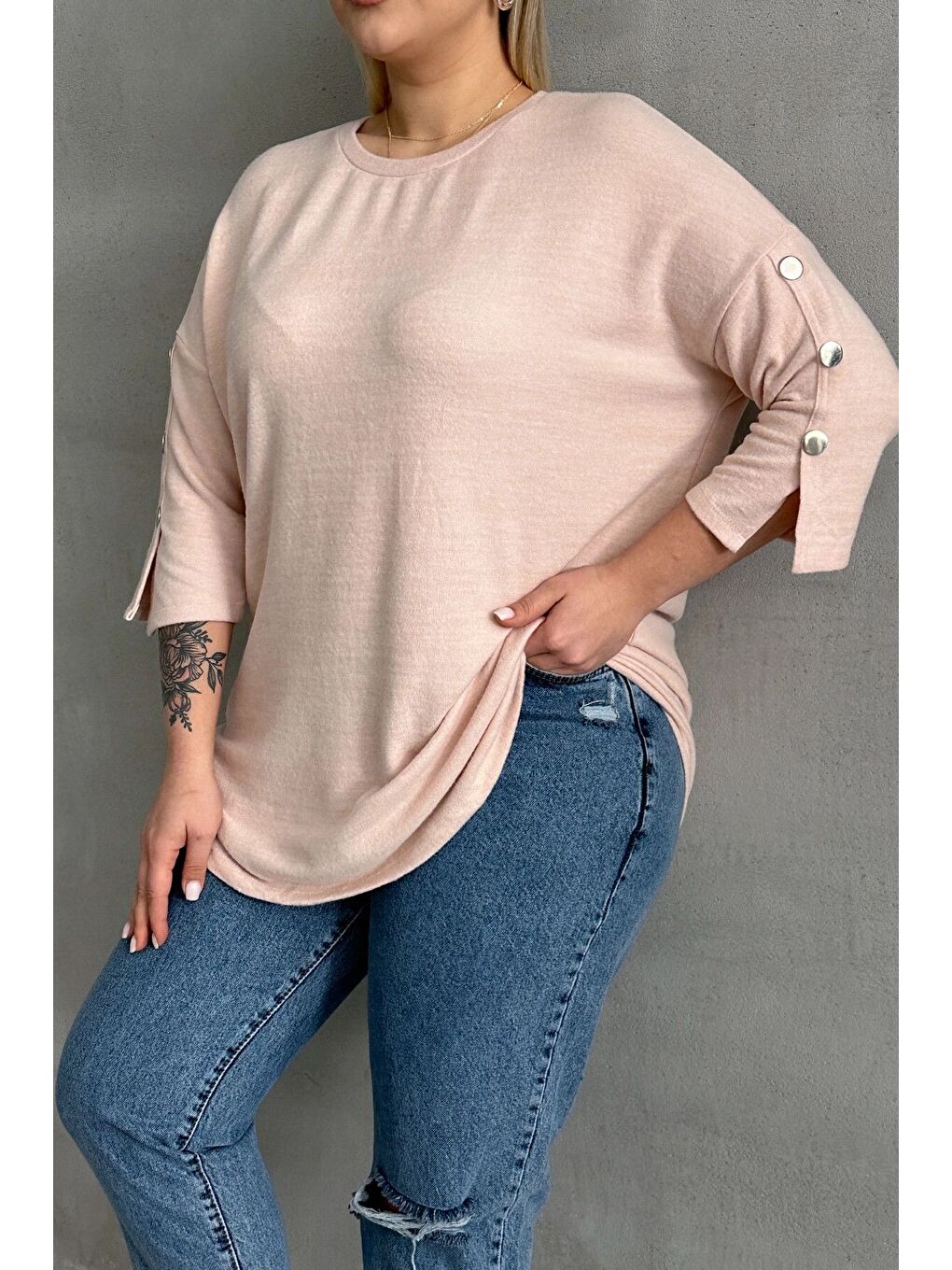 Bej Büyük Beden Yarım Kollu Bisiklet Yaka Düğme Detaylı Kazak 303072-6