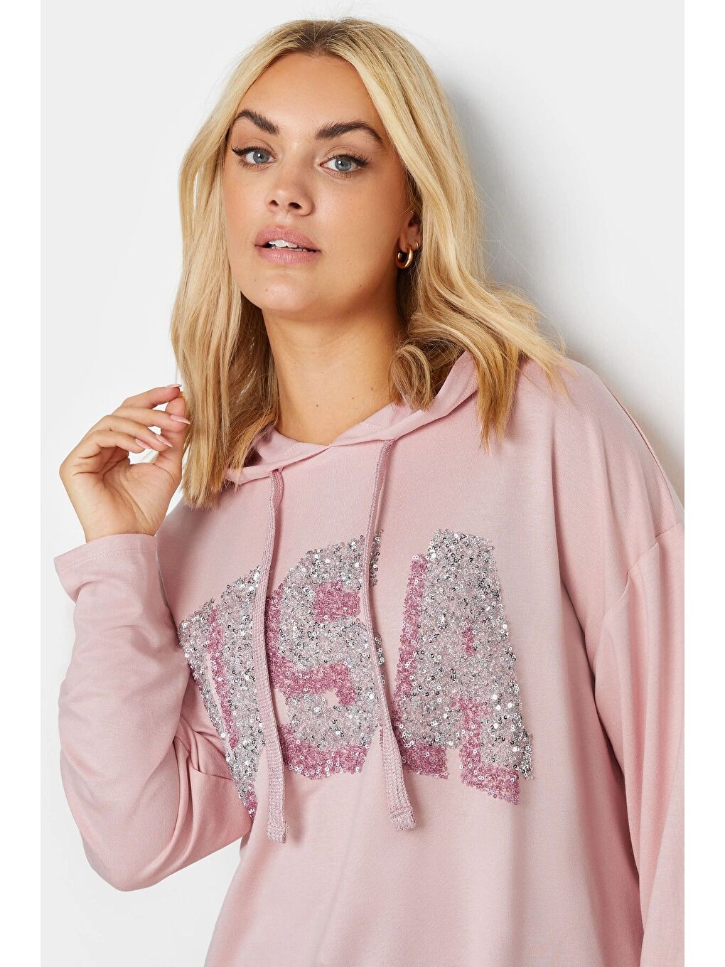 Pembe Büyük Beden Kapüşonlu Payet Detaylı Cepsiz Uzun Kollu Sweatshirt 303002-1