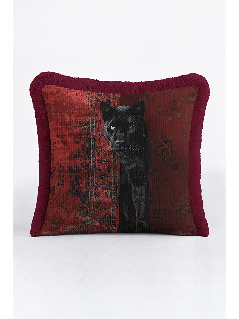 Karışık Lüks Siyah Panter Saçaklı Yastık Kılıfı - Vintage Kırmızı Bohem Püsküllü Kırlent Kılıfı-2