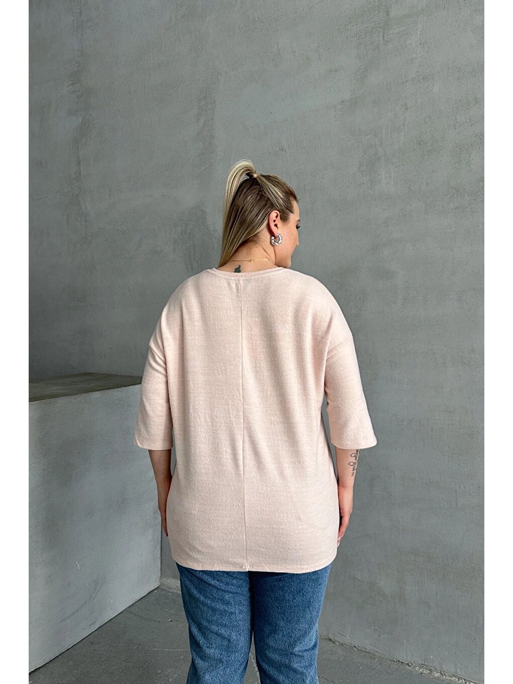 Bej Büyük Beden Yarım Kollu Bisiklet Yaka Düğme Detaylı Kazak 303072-7