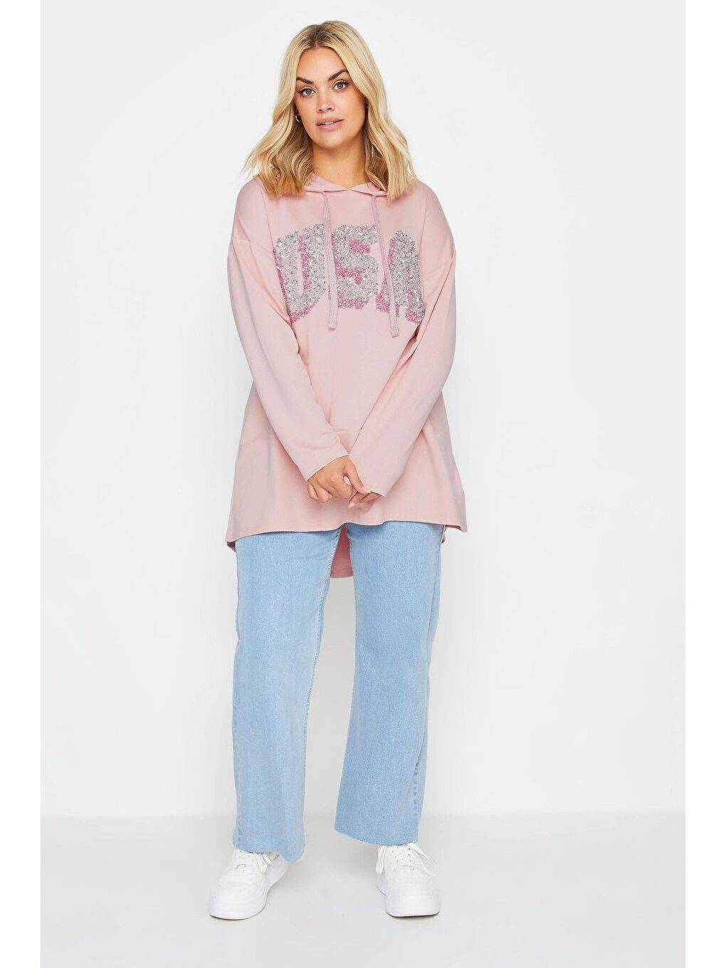 Pembe Büyük Beden Kapüşonlu Payet Detaylı Cepsiz Uzun Kollu Sweatshirt 303002-3