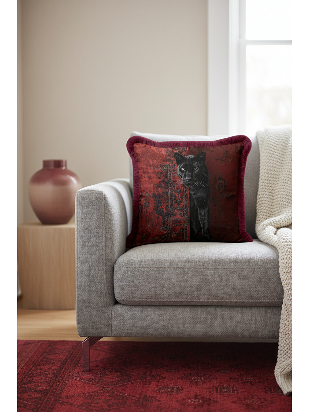 Karışık Lüks Siyah Panter Saçaklı Yastık Kılıfı - Vintage Kırmızı Bohem Püsküllü Kırlent Kılıfı-3