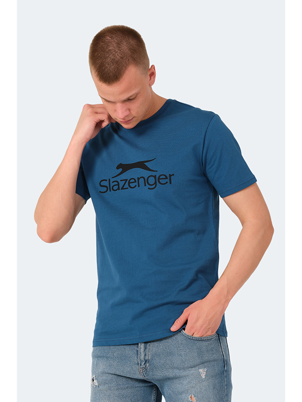 Petrol Bisiklet Yaka Kısa Kollu Baskılı Erkek %100 Pamuk Tişört-5