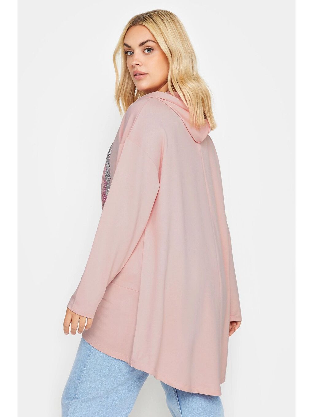 Pembe Büyük Beden Kapüşonlu Payet Detaylı Cepsiz Uzun Kollu Sweatshirt 303002-5