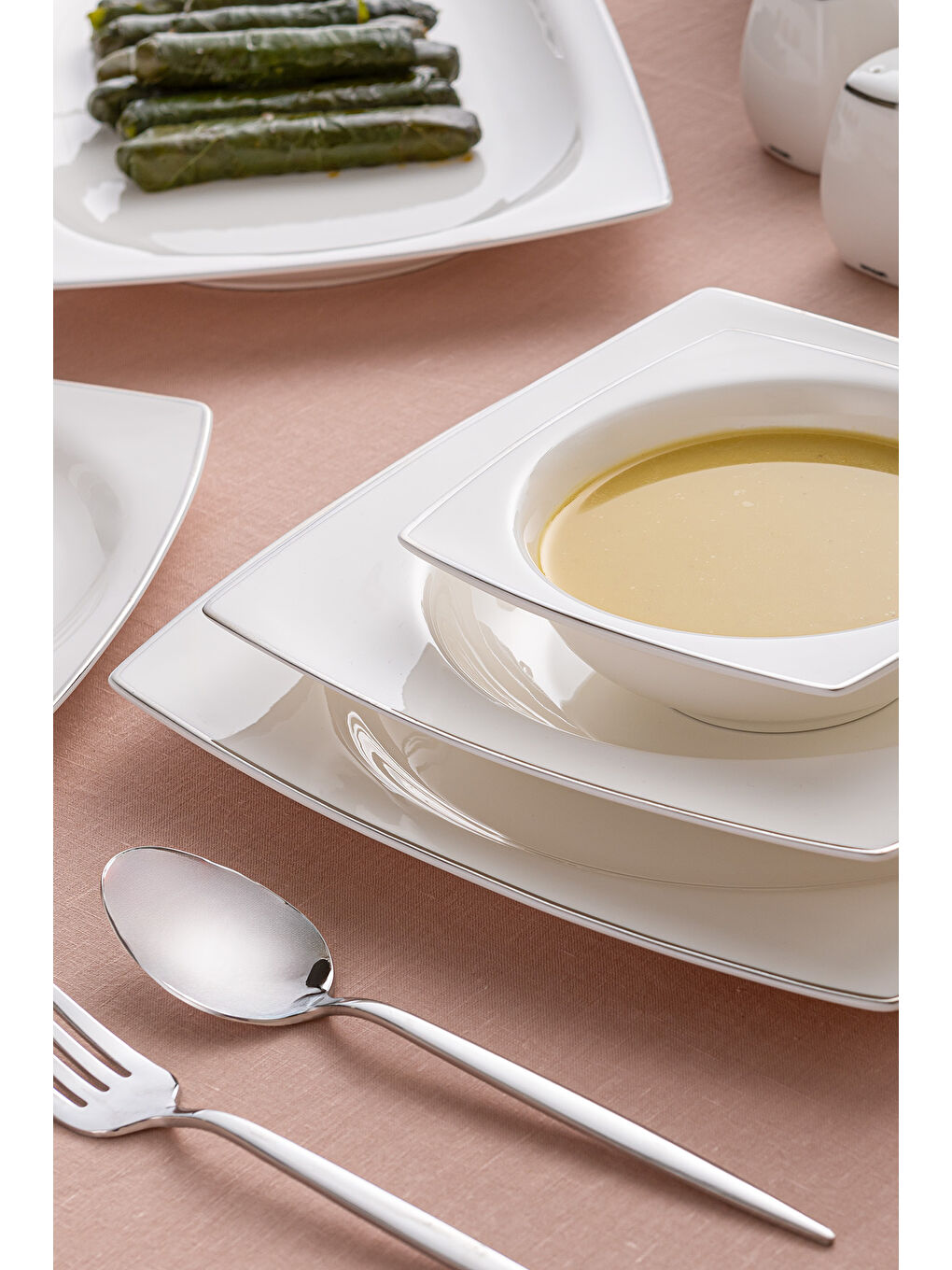 Beyaz Yeni Karmen 60 Parça 12 Kişilik Yemek Takımı Kare Platin-4