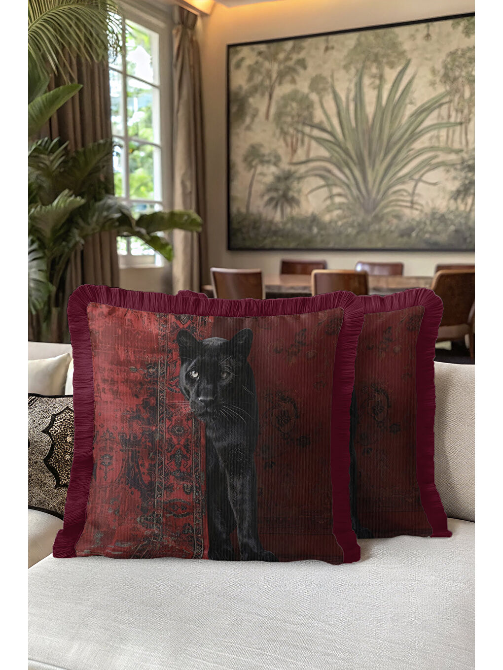 Karışık Lüks Siyah Panter Saçaklı Yastık Kılıfı - Vintage Kırmızı Bohem Püsküllü Kırlent Kılıfı-5
