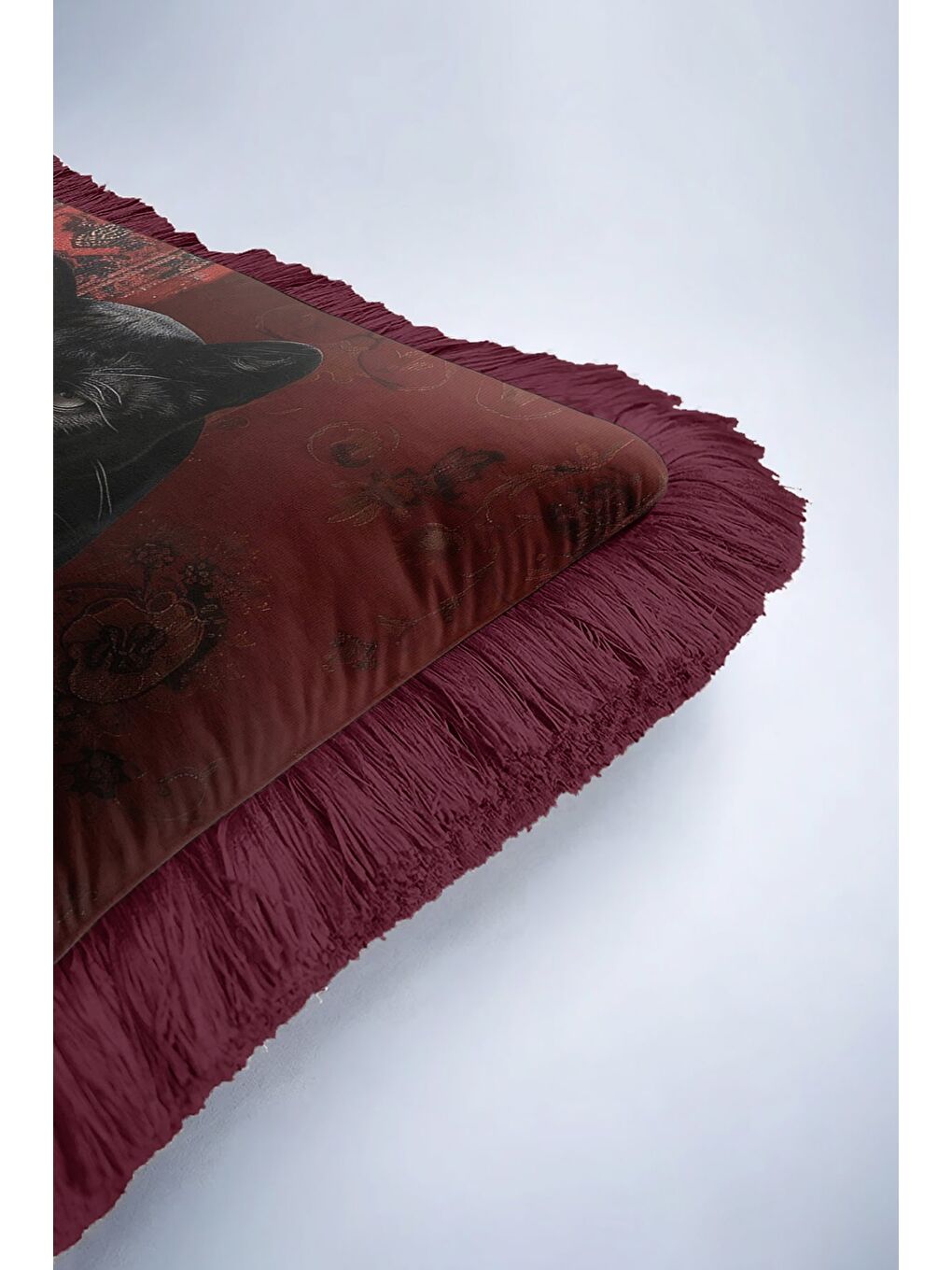 Karışık Lüks Siyah Panter Saçaklı Yastık Kılıfı - Vintage Kırmızı Bohem Püsküllü Kırlent Kılıfı-6