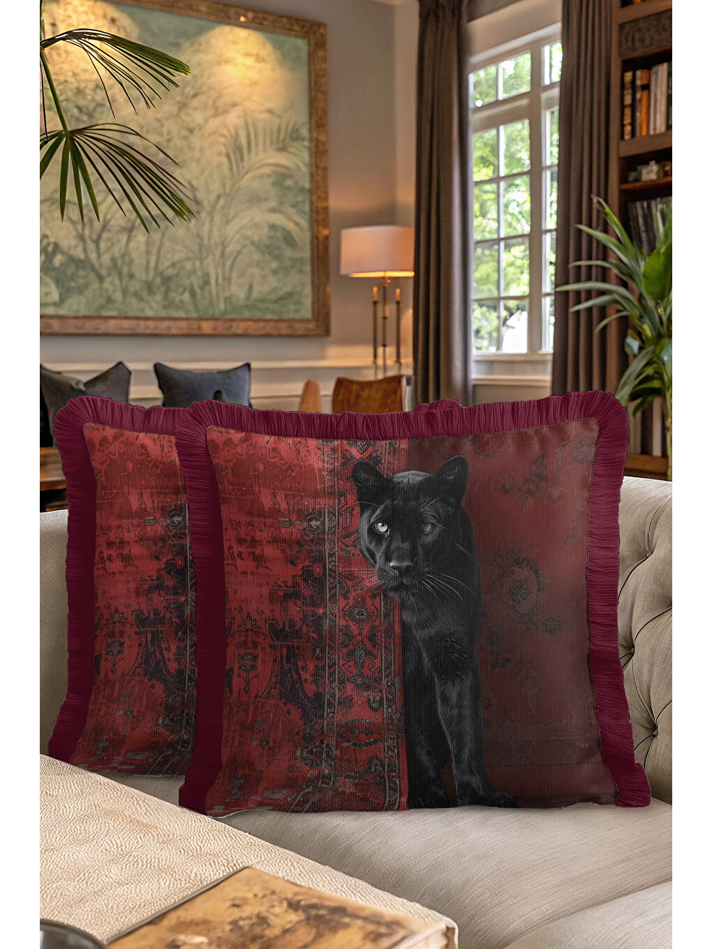 Karışık Lüks Siyah Panter Saçaklı Yastık Kılıfı - Vintage Kırmızı Bohem Püsküllü Kırlent Kılıfı-7