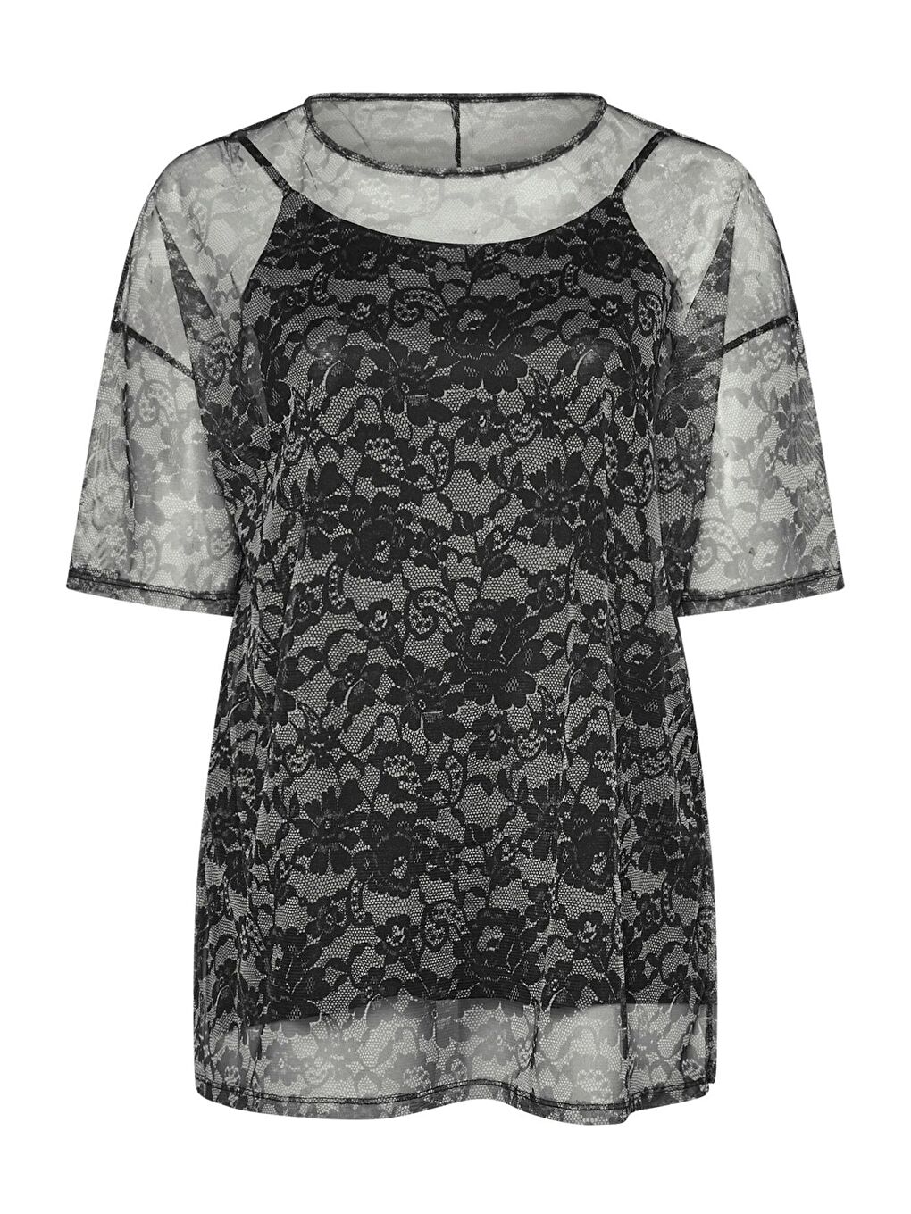 Siyah Büyük Beden Yarım Kollu İçi Astarlı Desenli Tül Bluz 303448-5