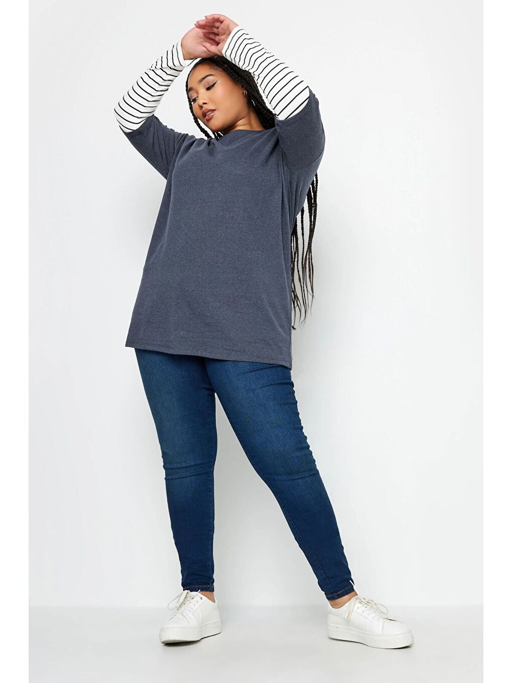 Lacivert Büyük Beden Bisiklet Yaka Çift Katlı Kolları Çizgili Tişört 302777-1