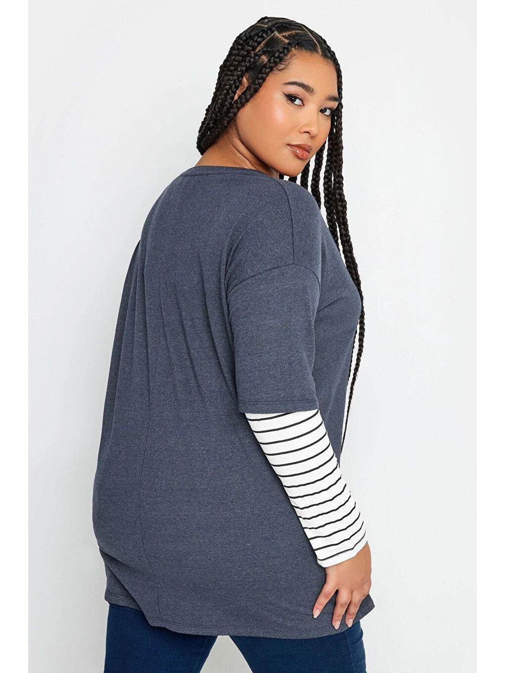 Lacivert Büyük Beden Bisiklet Yaka Çift Katlı Kolları Çizgili Tişört 302777-3