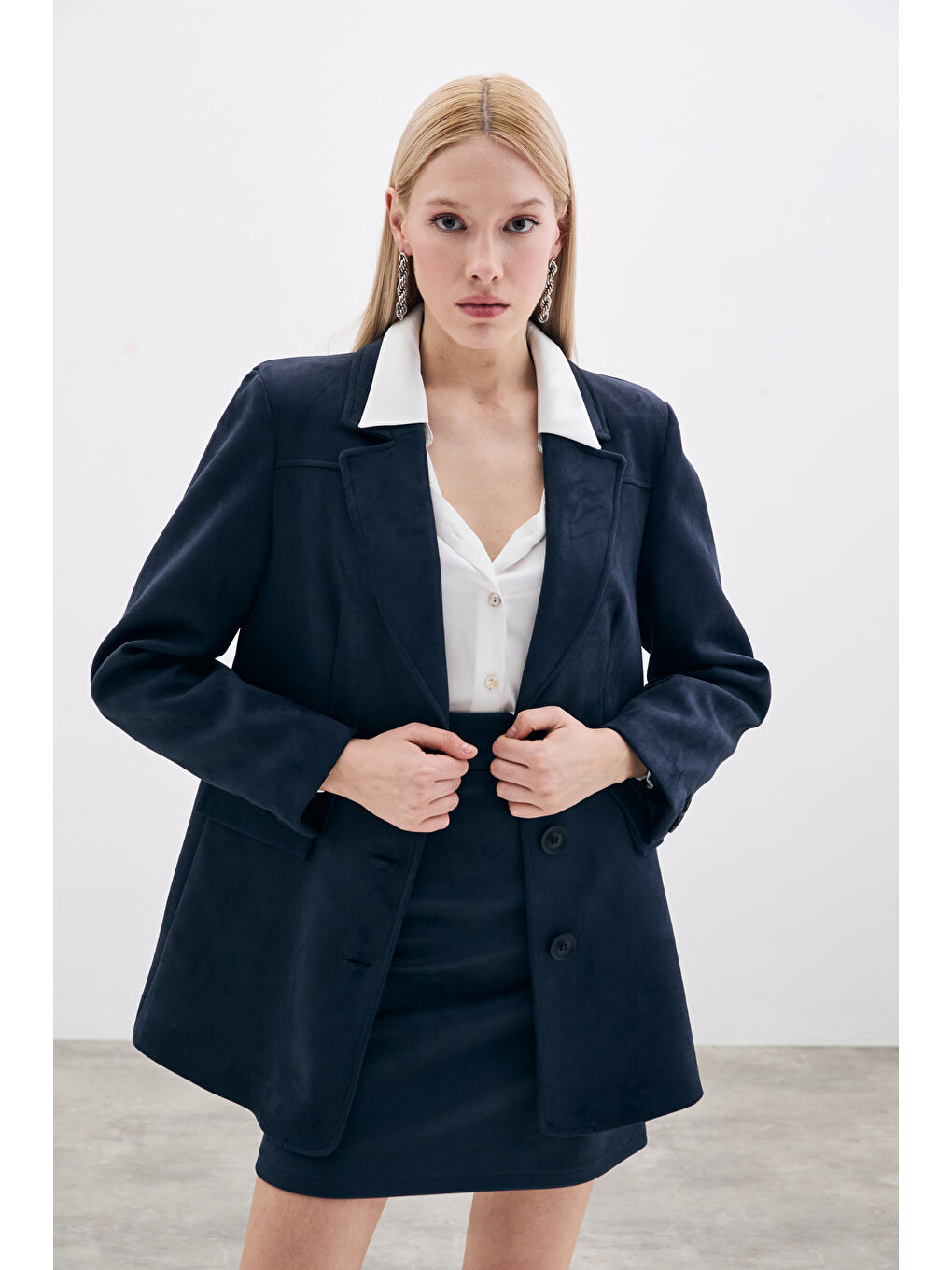 Düğmeli Süet Ceket - Lacivert-1