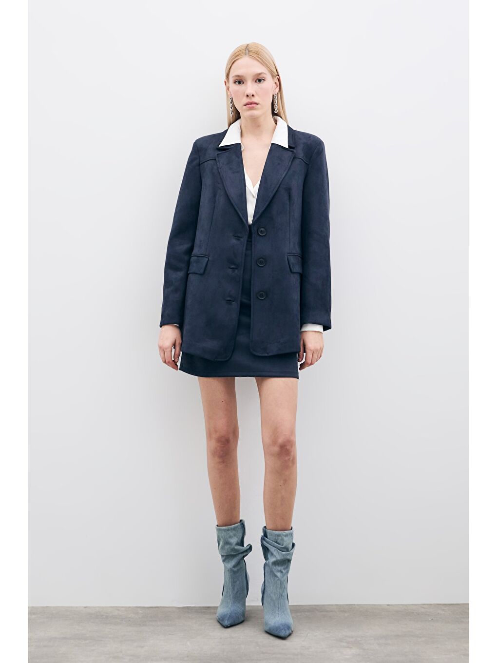 Düğmeli Süet Ceket - Lacivert-2