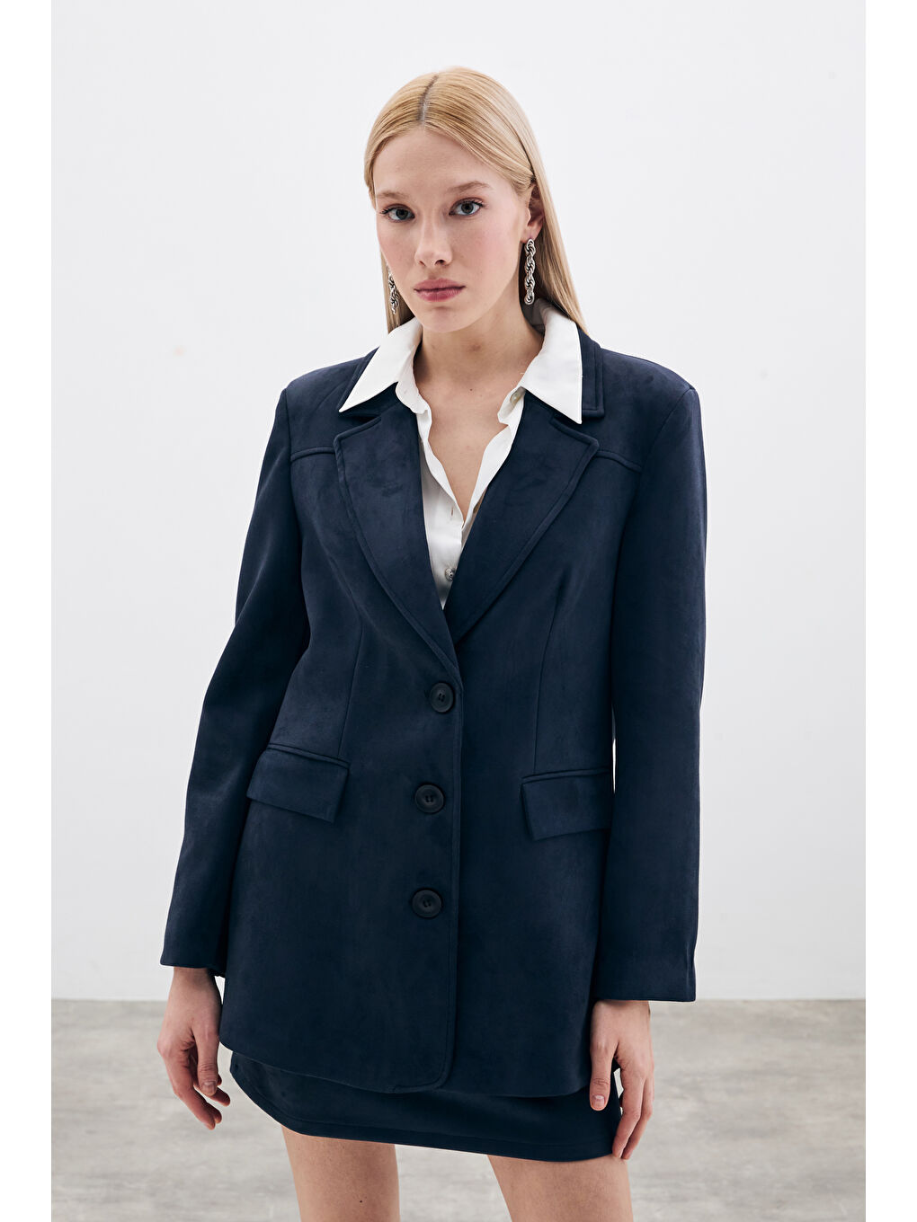 Düğmeli Süet Ceket - Lacivert-4