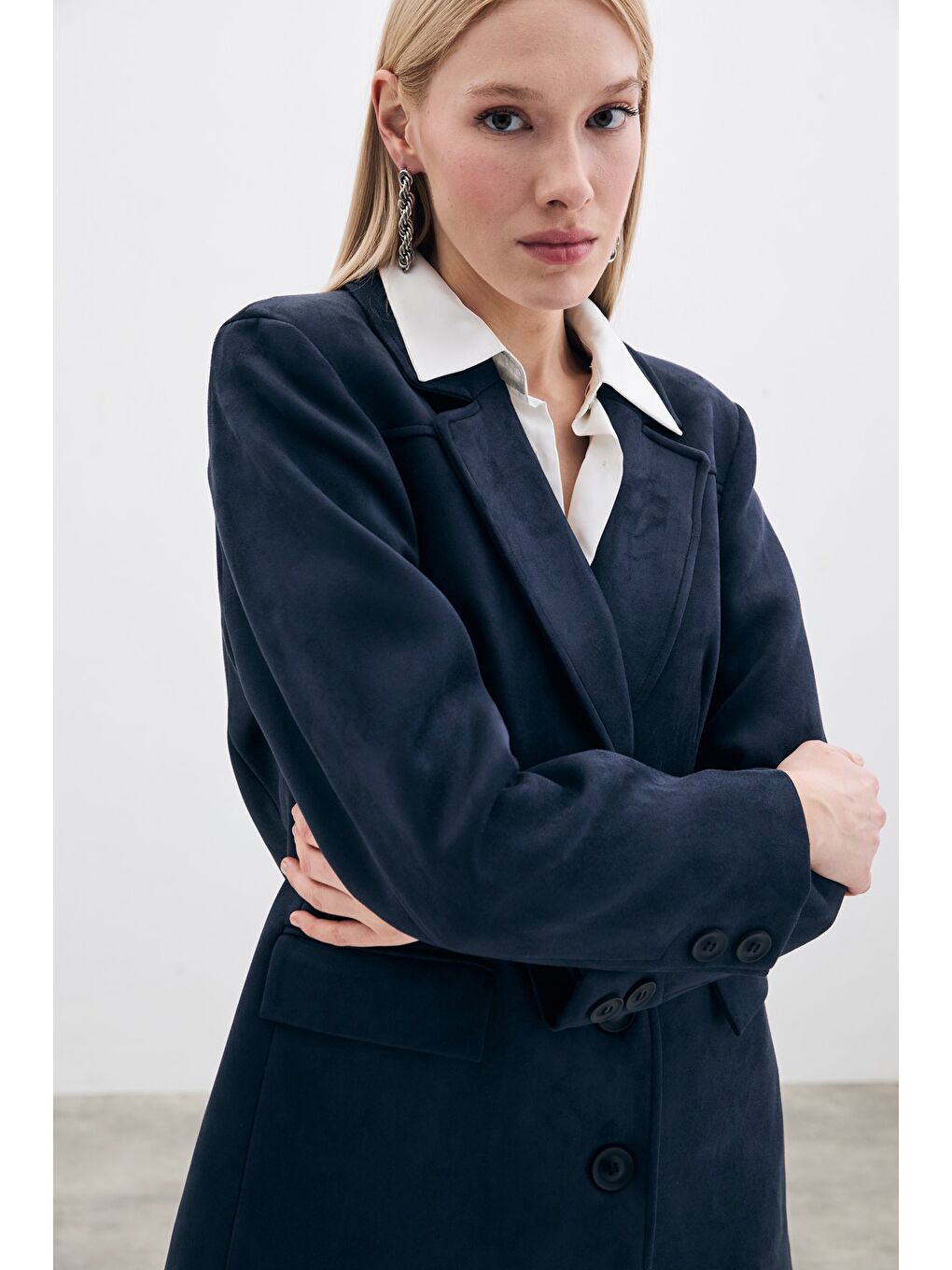 Düğmeli Süet Ceket - Lacivert-5