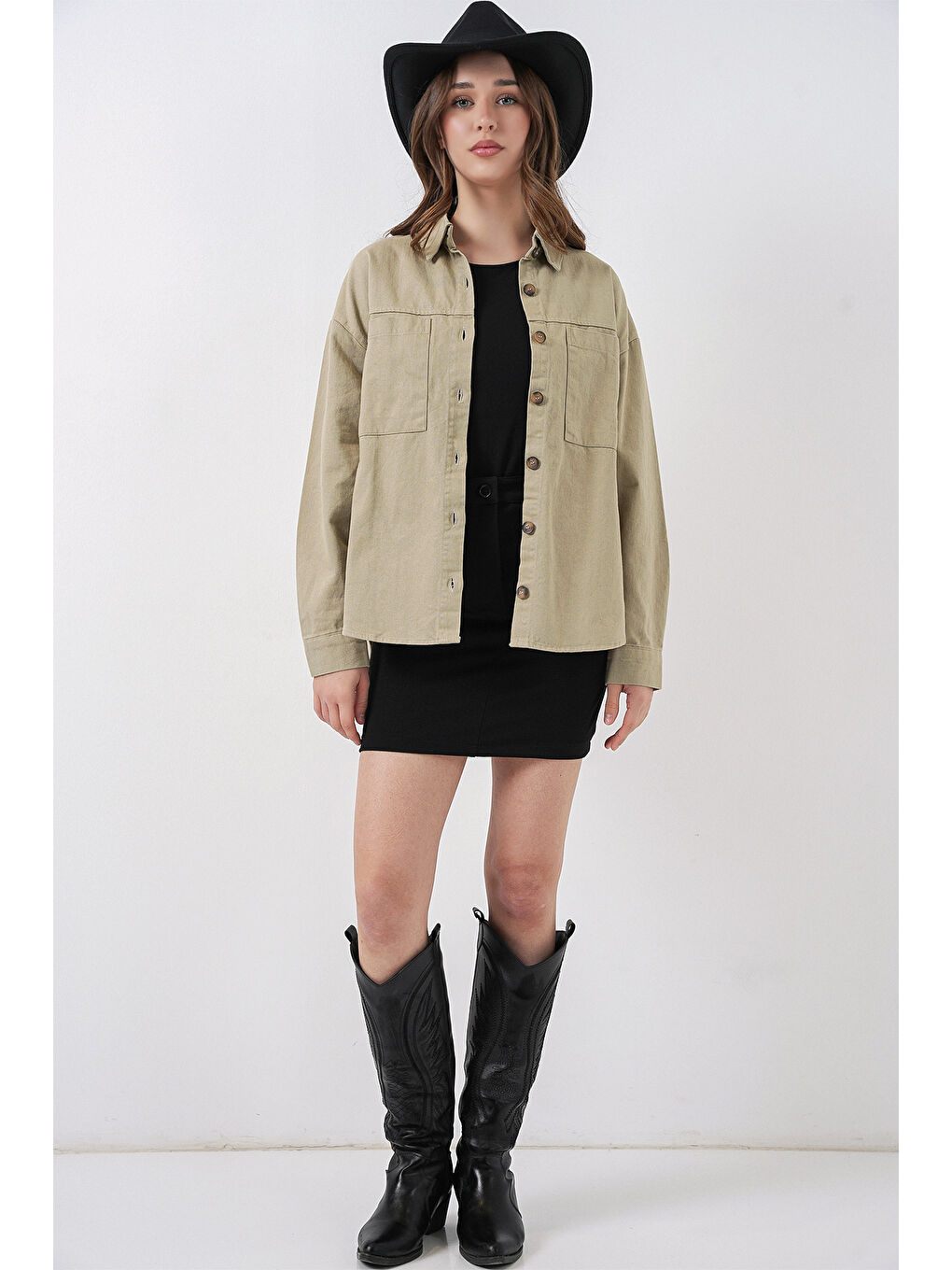 20192 Oversize Gabardin Gömlek Ceket - Haki-1