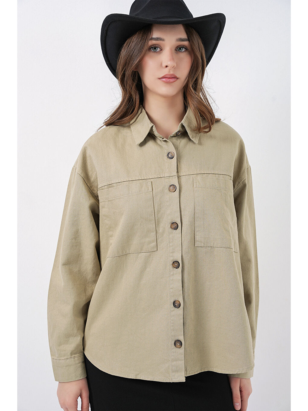 20192 Oversize Gabardin Gömlek Ceket - Haki-2