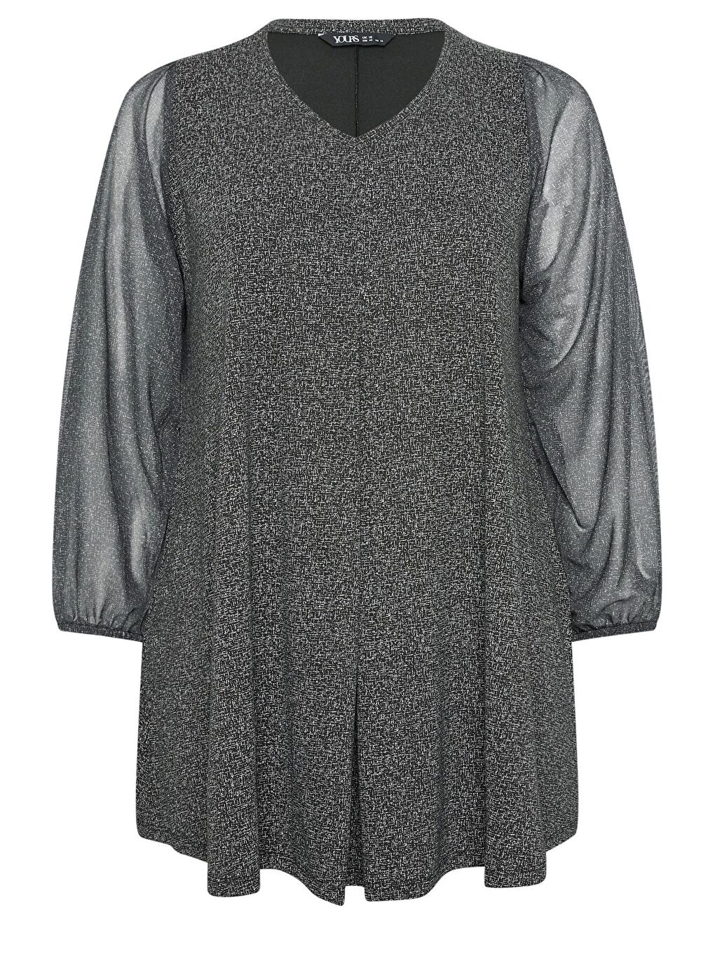 Gri Büyük Beden Uzun Kolları Tül Detaylı Pileli V Yaka Bluz 302824-5