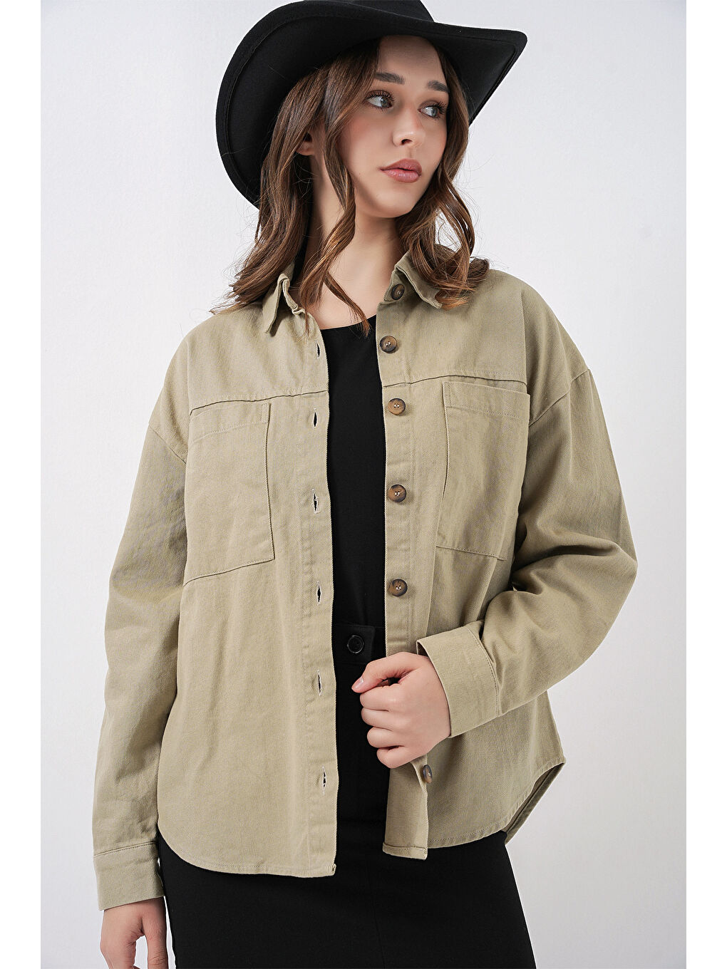 20192 Oversize Gabardin Gömlek Ceket - Haki-3