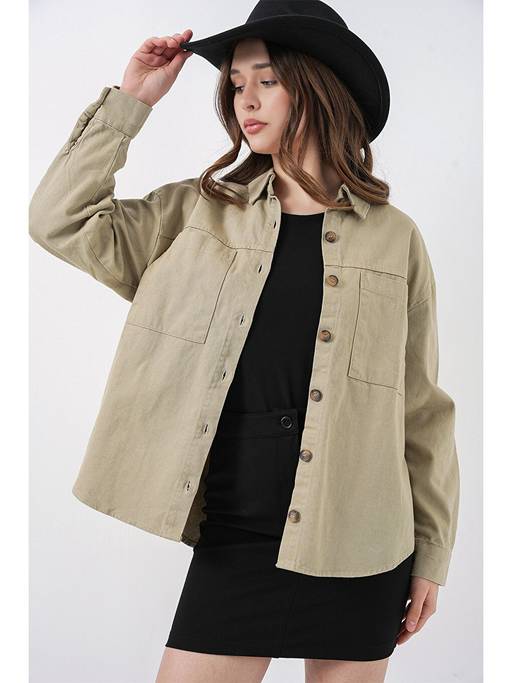 20192 Oversize Gabardin Gömlek Ceket - Haki-4