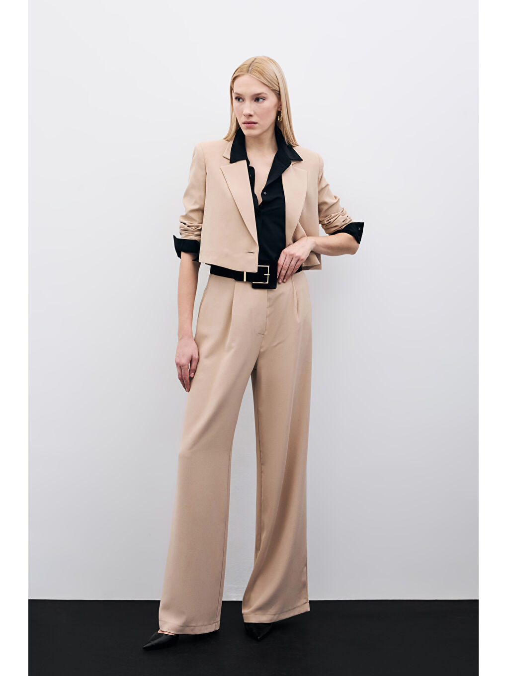 Pileli Krep Pantolon - Bej-1