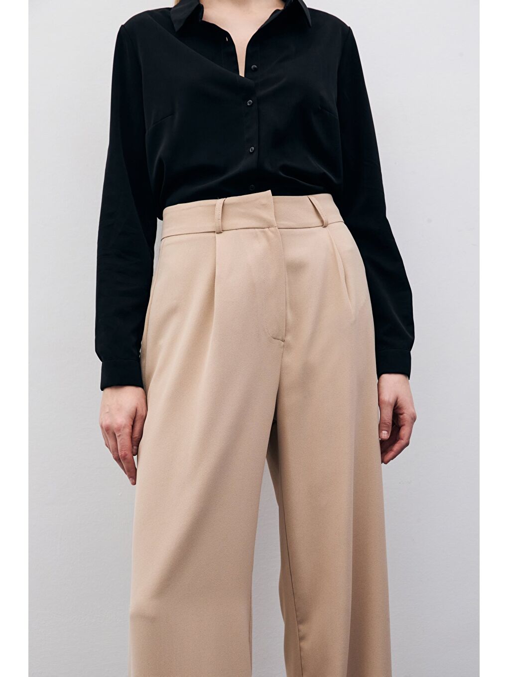 Pileli Krep Pantolon - Bej-2