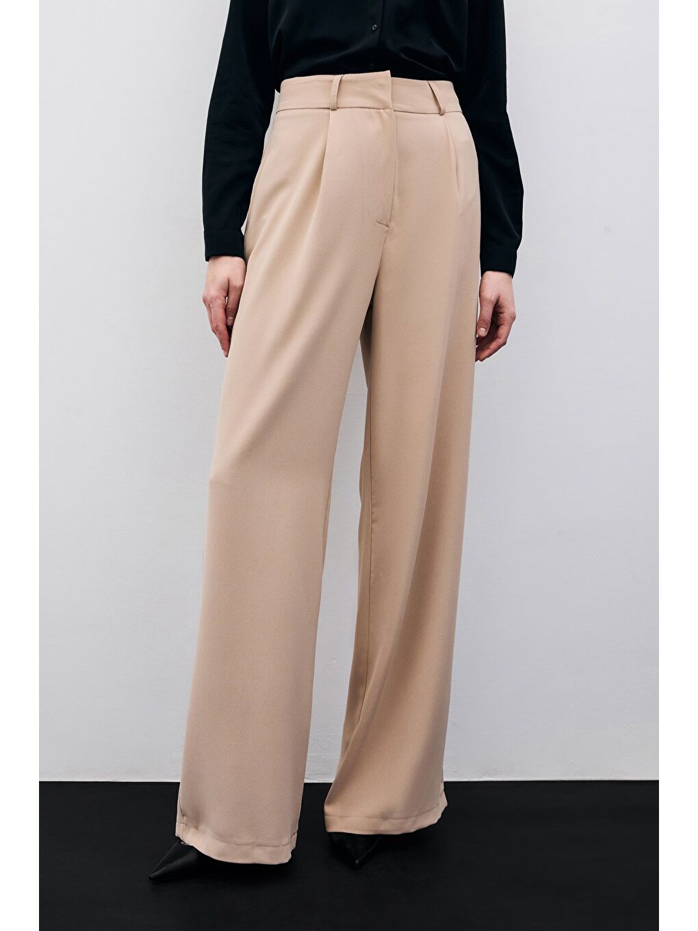 Pileli Krep Pantolon - Bej-3