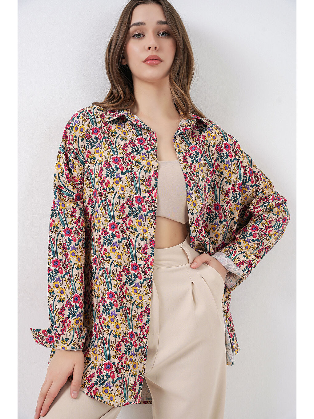 3721 Grafik Desenli Gömlek - Bej