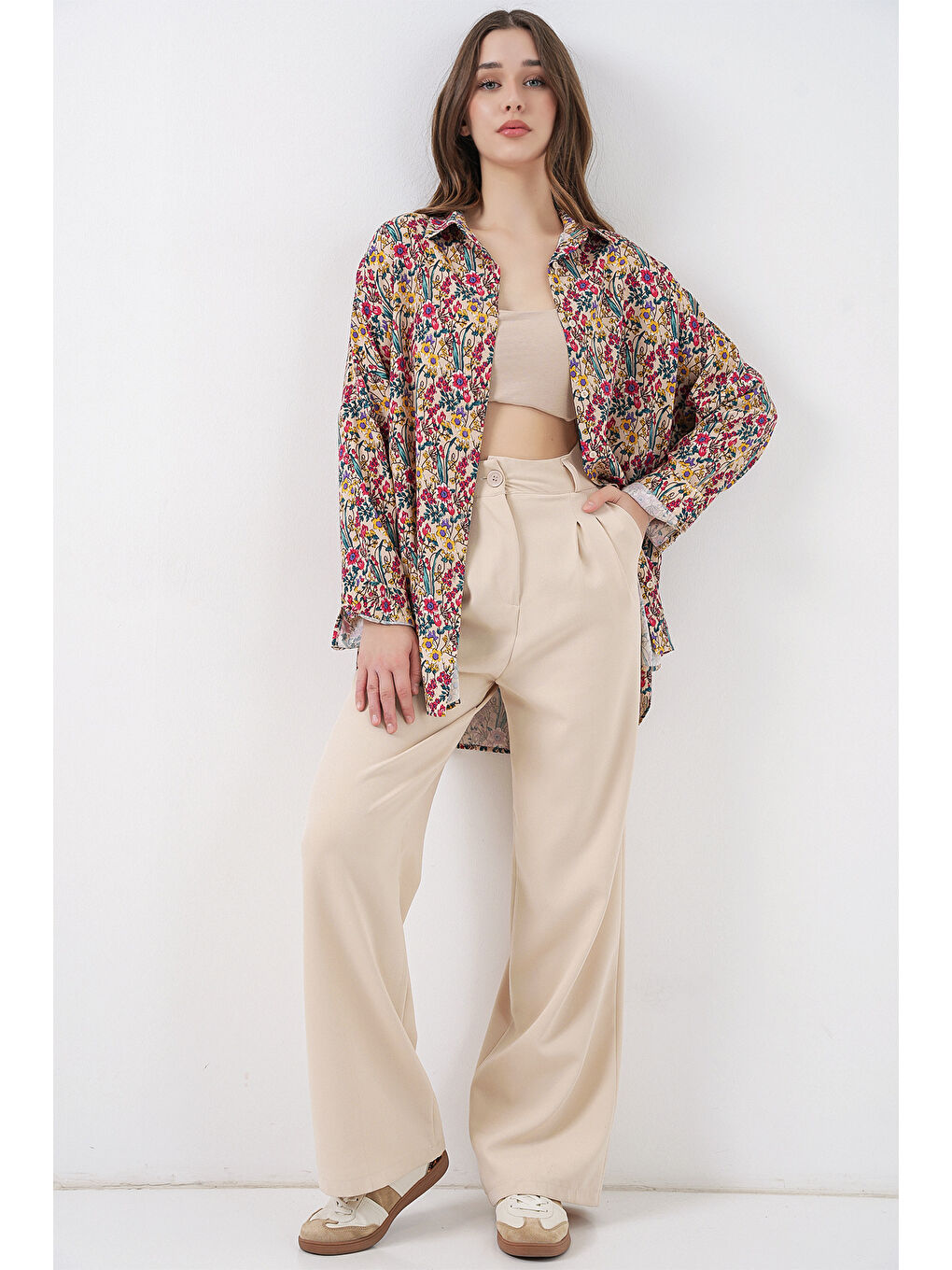 3721 Grafik Desenli Gömlek - Bej-1