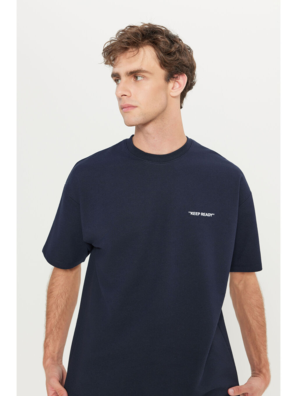 Erkek Lacivert Pamuklu Comfort Fit Rahat Kesim Baskılı Beli Bağlamalı Yan Cep Eşofman Takımı-3