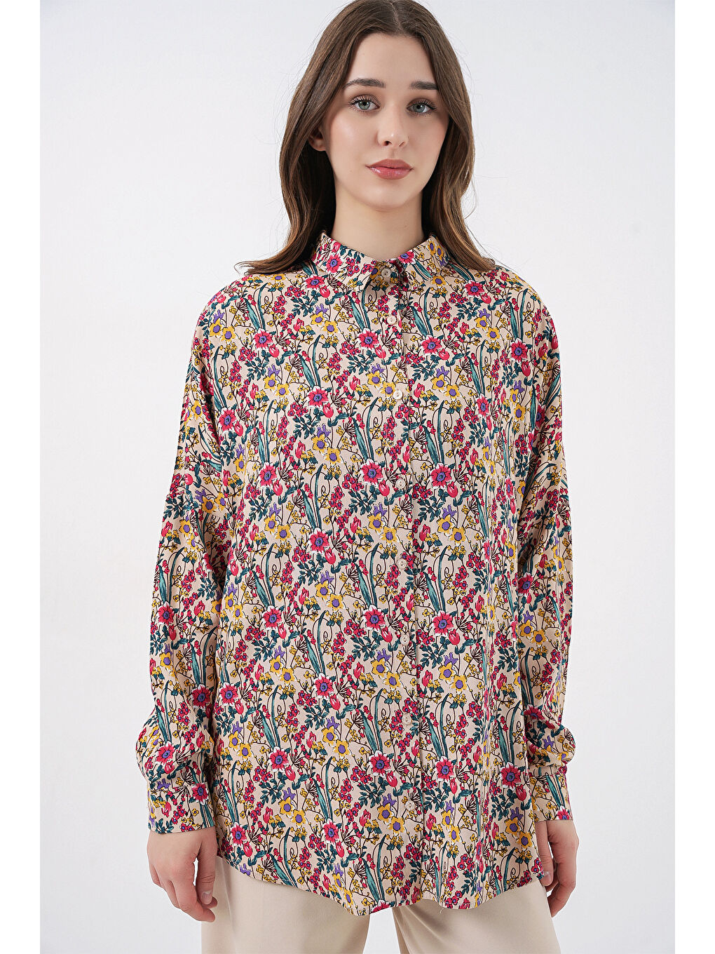 3721 Grafik Desenli Gömlek - Bej-2