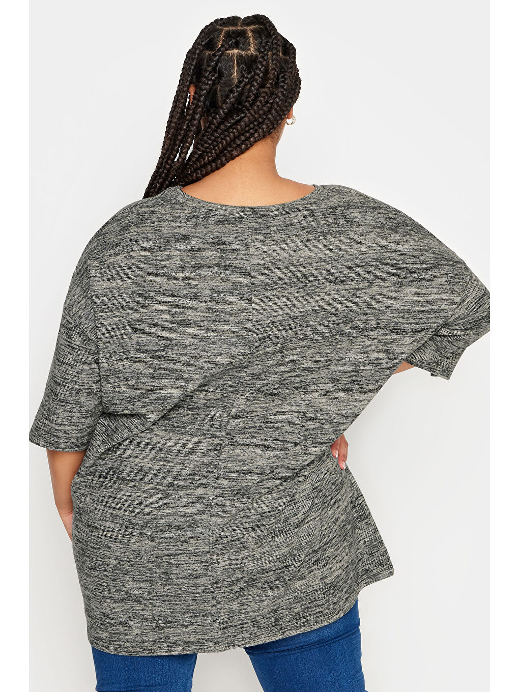 Gri Büyük Beden Yarım Kollu Düğme Detaylı Yumuşak Dokulu Kazak 302987-3