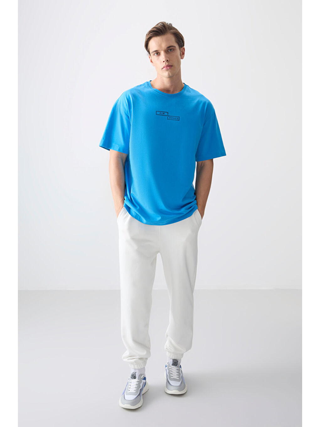 Petrol Mavi %100 Pamuk Kalın Yumuşak Dokulu Oversize Fit Baskılı Erkek Tişört - 88361-2