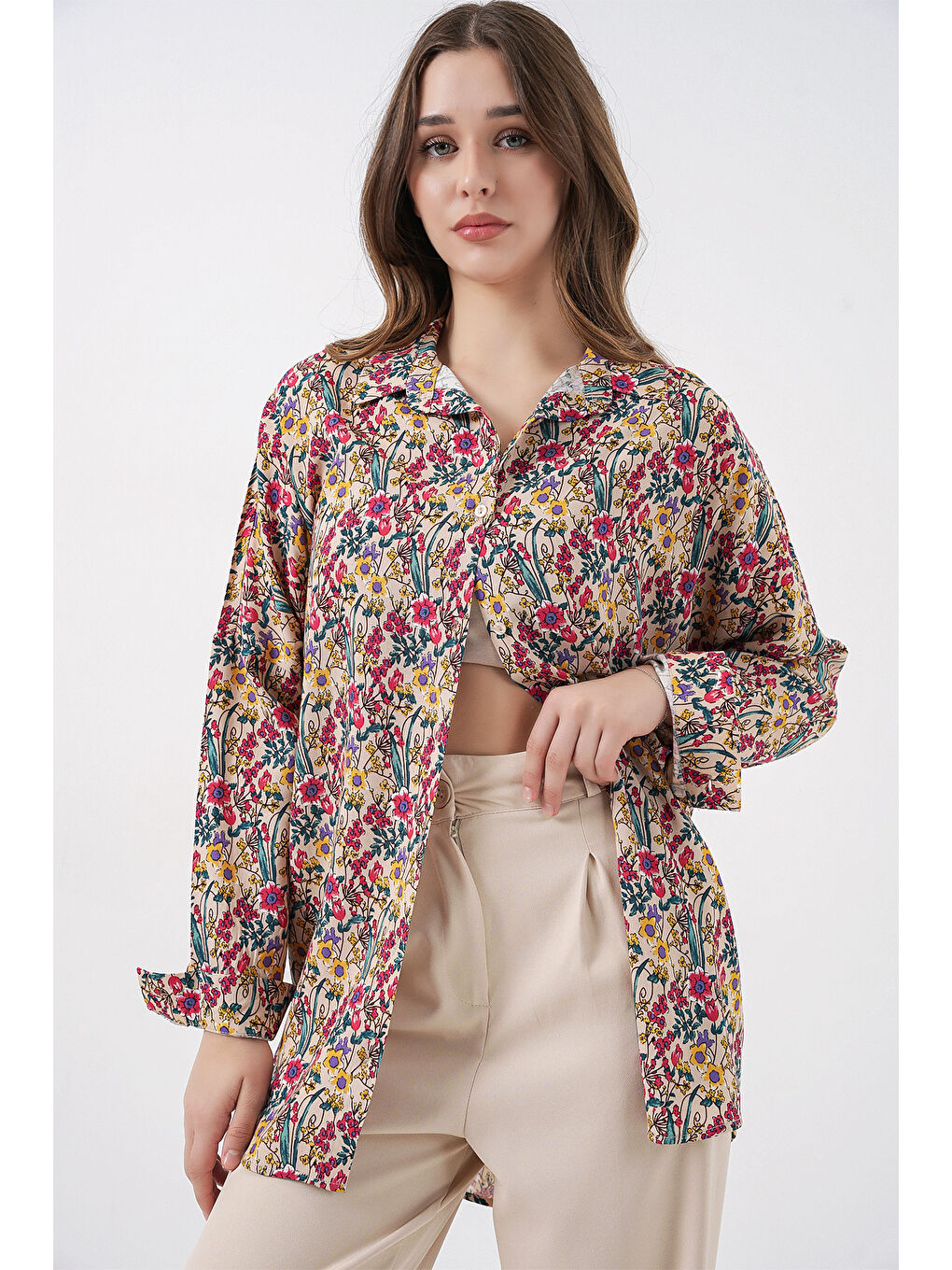 3721 Grafik Desenli Gömlek - Bej-3