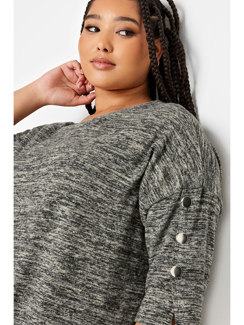 Gri Büyük Beden Yarım Kollu Düğme Detaylı Yumuşak Dokulu Kazak 302987-4