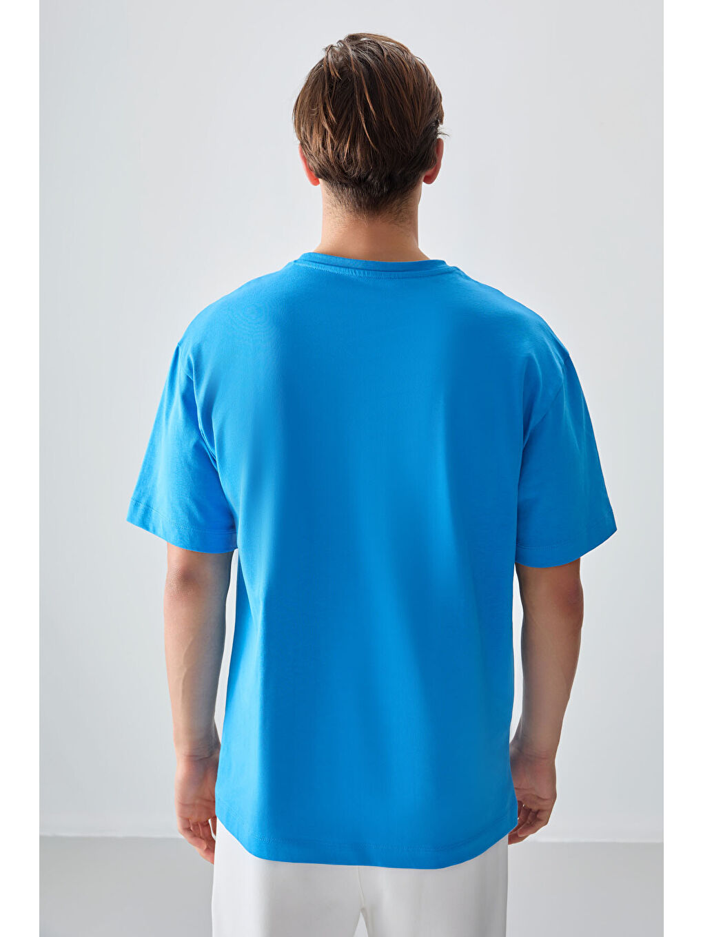 Petrol Mavi %100 Pamuk Kalın Yumuşak Dokulu Oversize Fit Baskılı Erkek Tişört - 88361-4