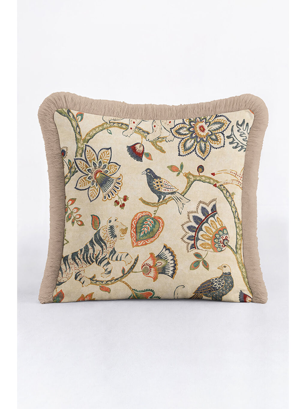 Karışık Lüks Doğal Motifli Saçaklı Yastık Kılıfı - Kuş ve Kaplan Etnik Country Bej Püsküllü Kırlent Kılıfı