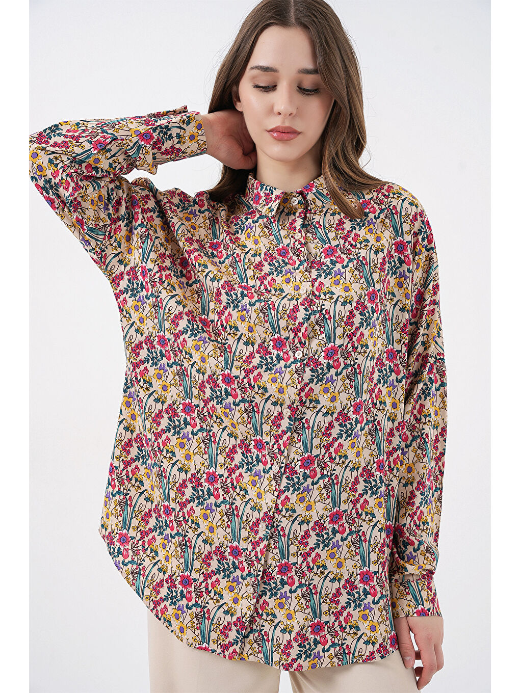 3721 Grafik Desenli Gömlek - Bej-4